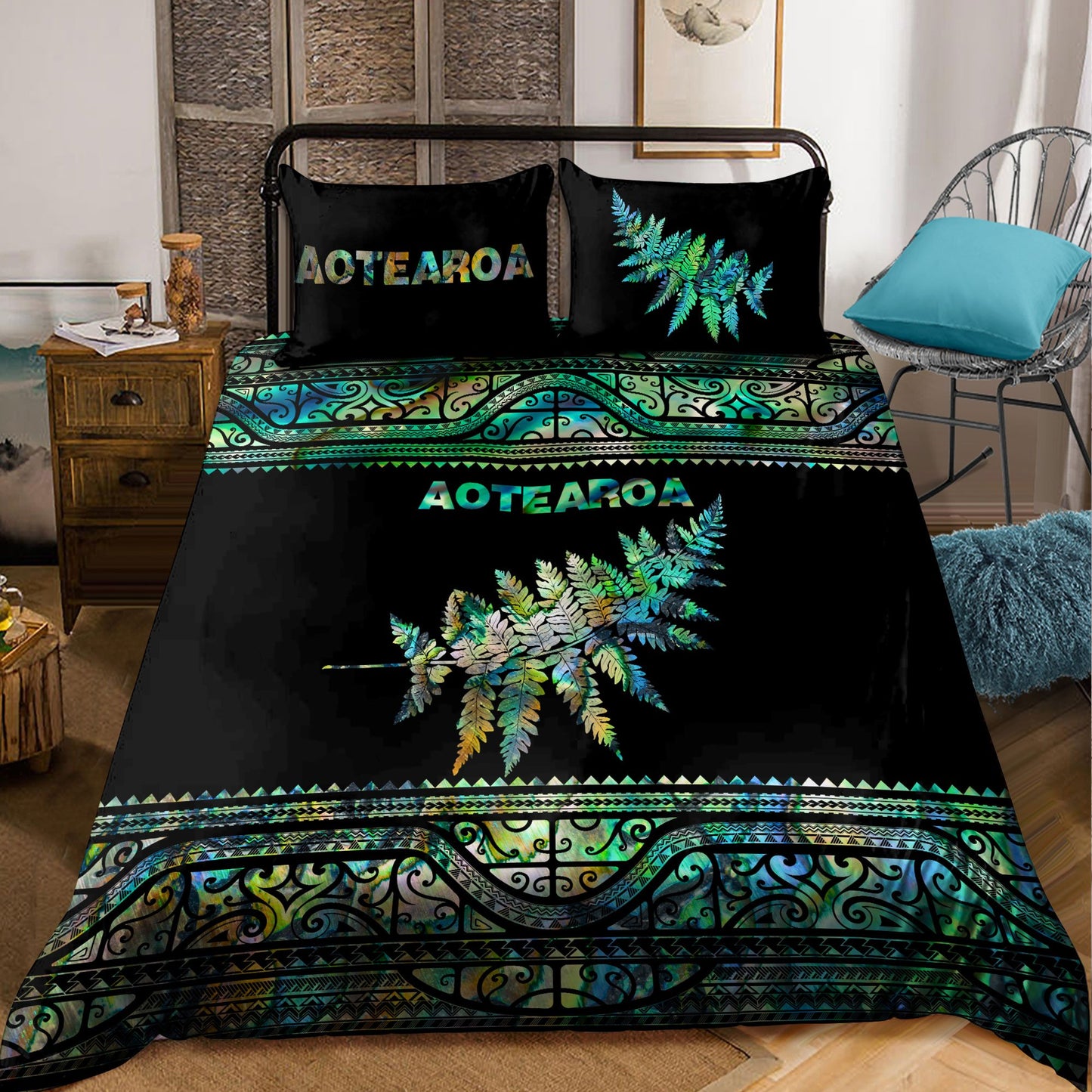 New Zealand Aotearoa Bedding Set Manaia Silver Fern Paua Shell Green Version ML