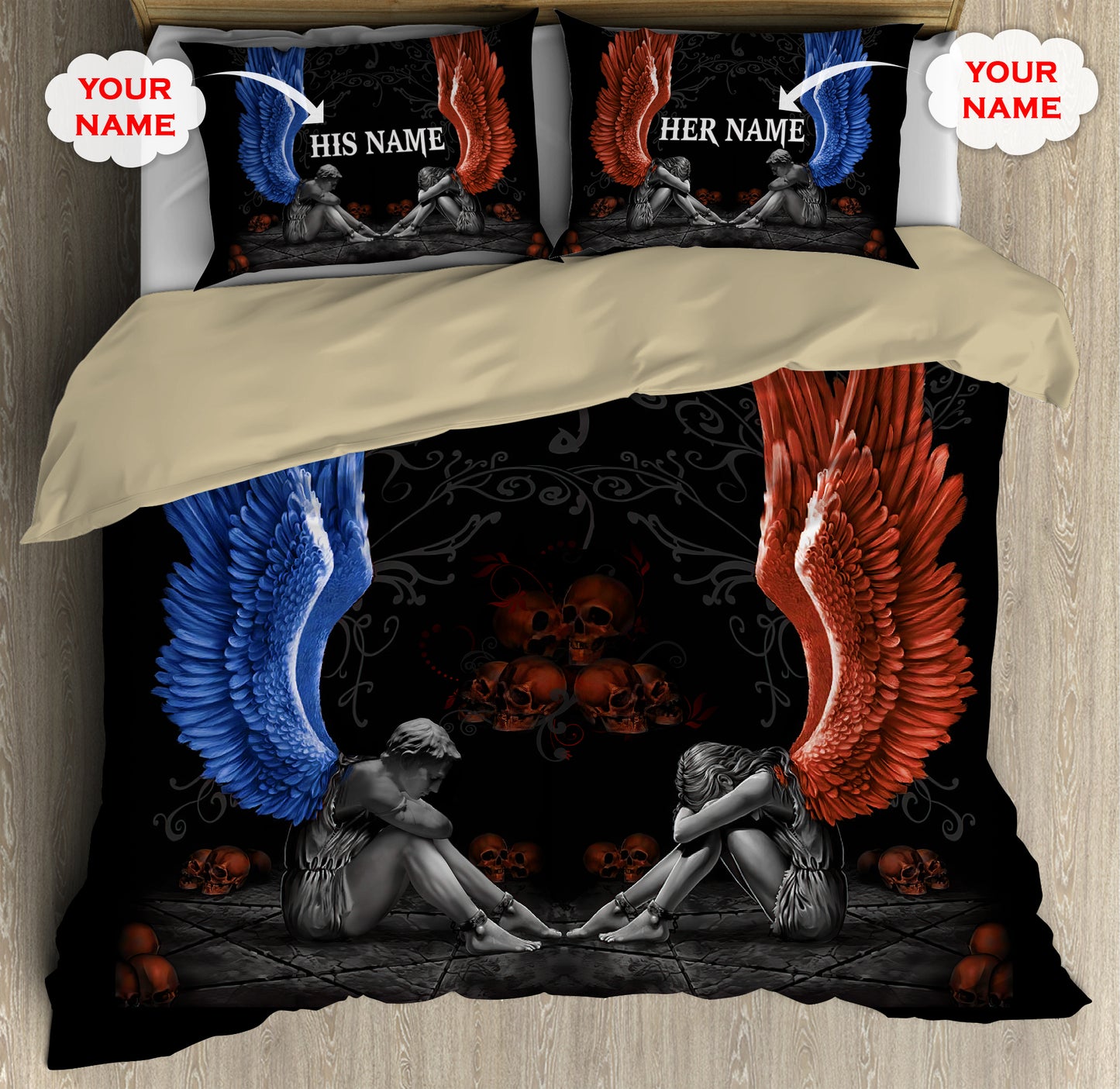 Customize Name Couple Skull Art Bedding Set