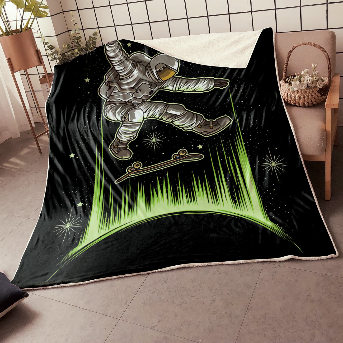 Skateboard Astronaut In Galaxy Blanket