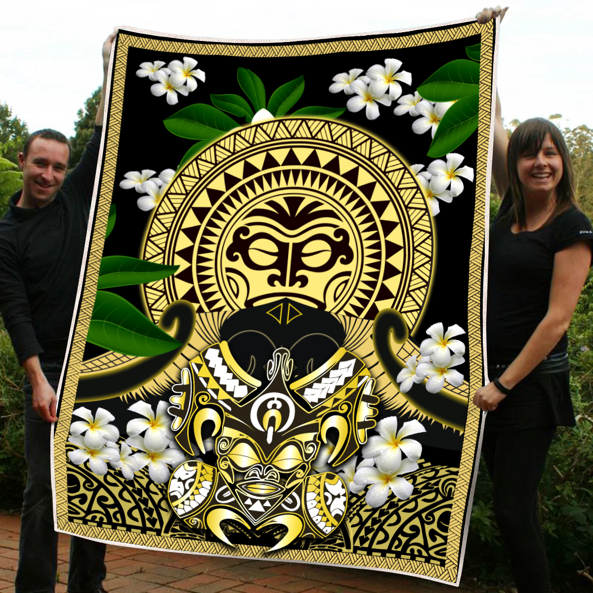Polynesian Face With Plumeria Blanket