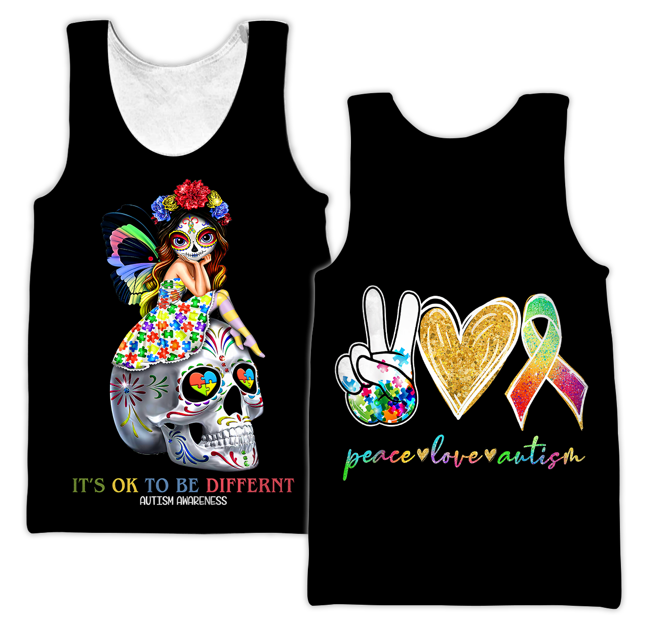 3D All Over Printed Autism Awareness -Cute Skull  Unisex Shirts XT