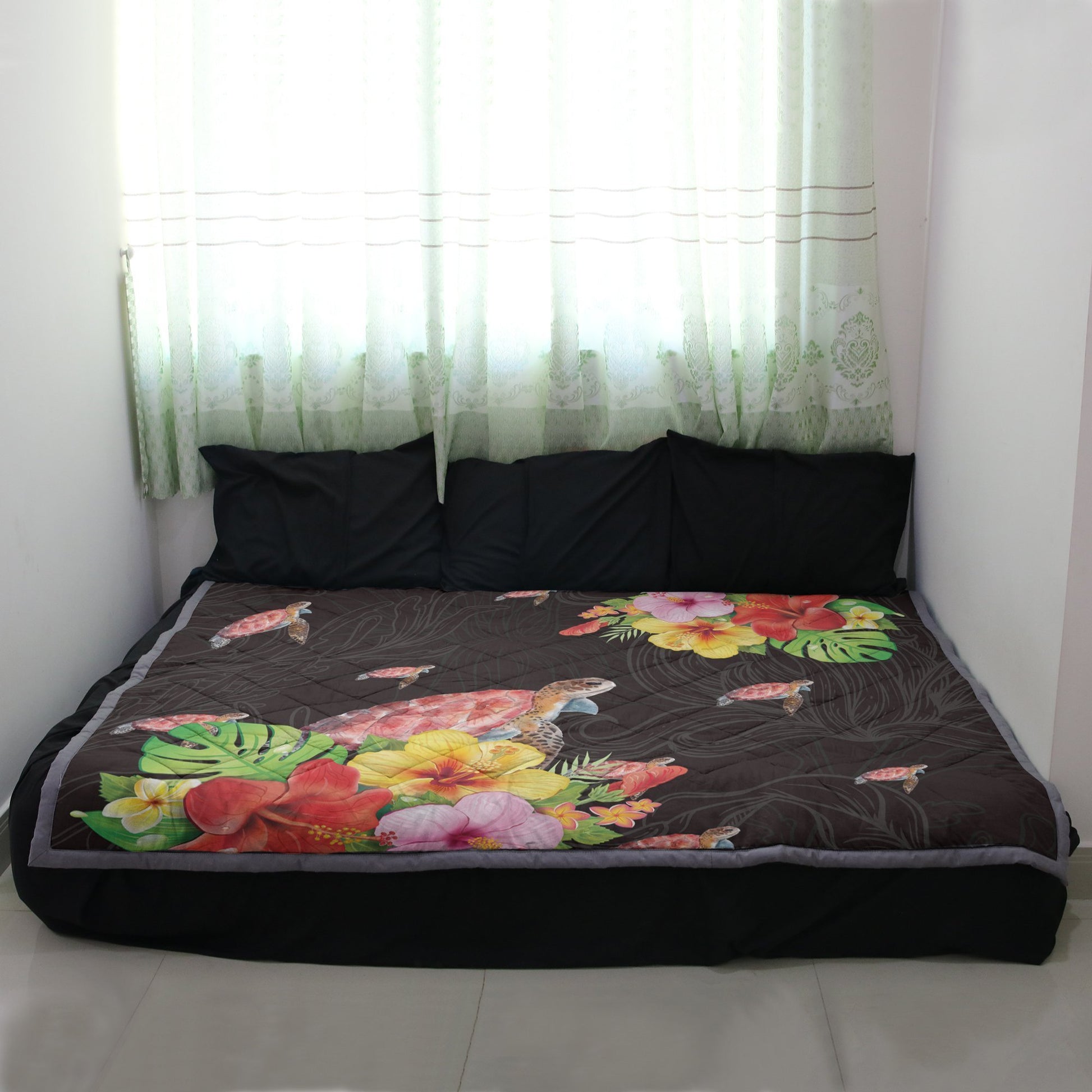 Hawaii Hibiscus Turtle Quilt Blanket - AH - J4-QUILT BLANKETS-PodEz-Twin-White-100% Cotton-Vibe Cosy™