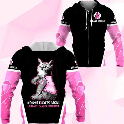 3D Breast Cancer Cat No One Fight Alone Hoodie T-Shirt Sweatshirt SU110304-Apparel-SUN-Hoodie-S-Vibe Cosy™