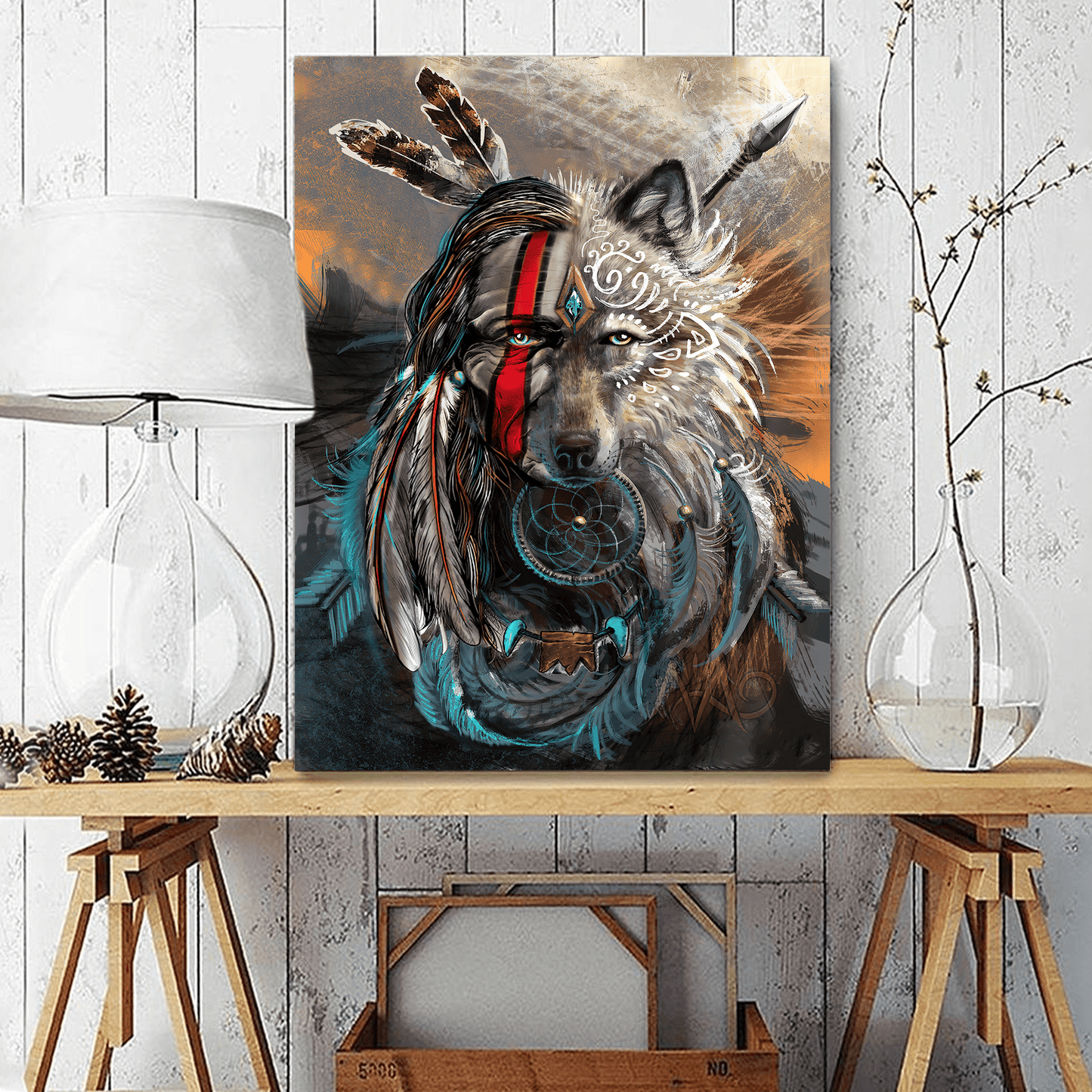 Native And Wolf The Perfect Combination Native Portrait Canvas Wall Art