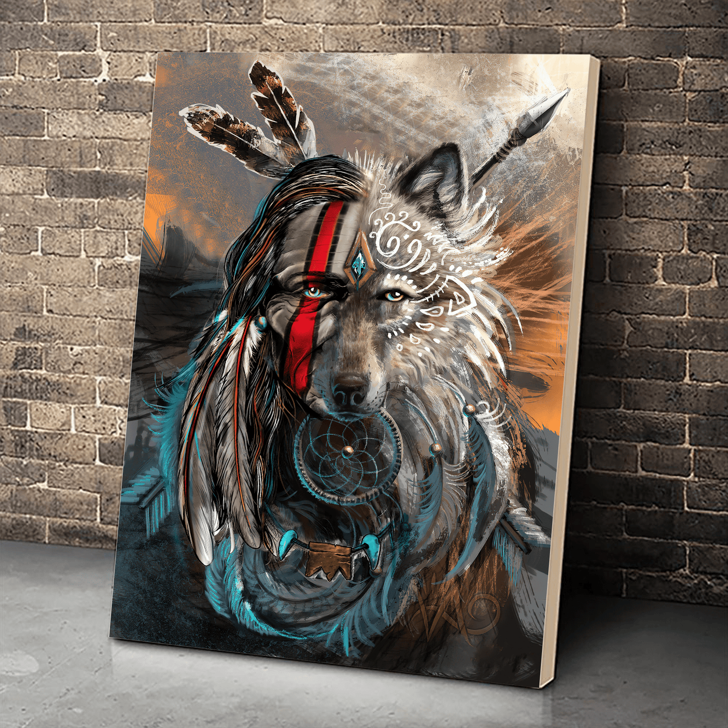 Native And Wolf The Perfect Combination Native Portrait Canvas Wall Art