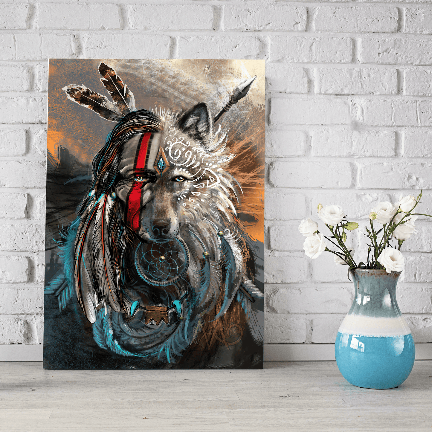 Native And Wolf The Perfect Combination Native Portrait Canvas Wall Art