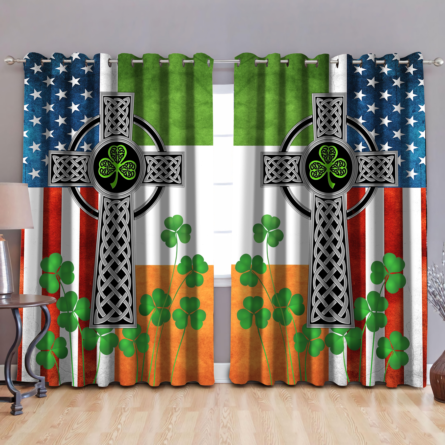 Irish Celtic Knot Cross St.Patrick day 3D Design Thermal Grommet Window Curtains