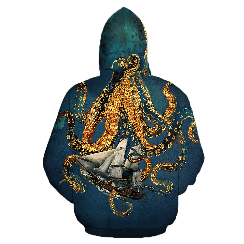 Premium Unisex Hoodie Black And White Kraken Octopus King of The Seven Seas ML