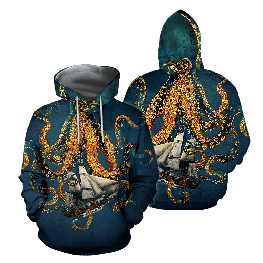 Premium Unisex Hoodie Black And White Kraken Octopus King of The Seven Seas ML