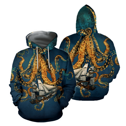 Premium Unisex Hoodie Black And White Kraken Octopus King of The Seven Seas ML