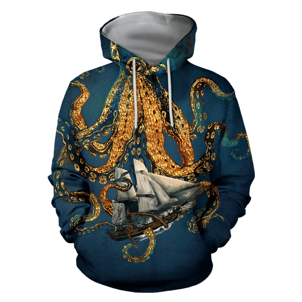 Premium Unisex Hoodie Black And White Kraken Octopus King of The Seven Seas ML