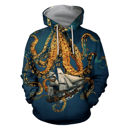 Premium Unisex Hoodie Black And White Kraken Octopus King of The Seven Seas ML