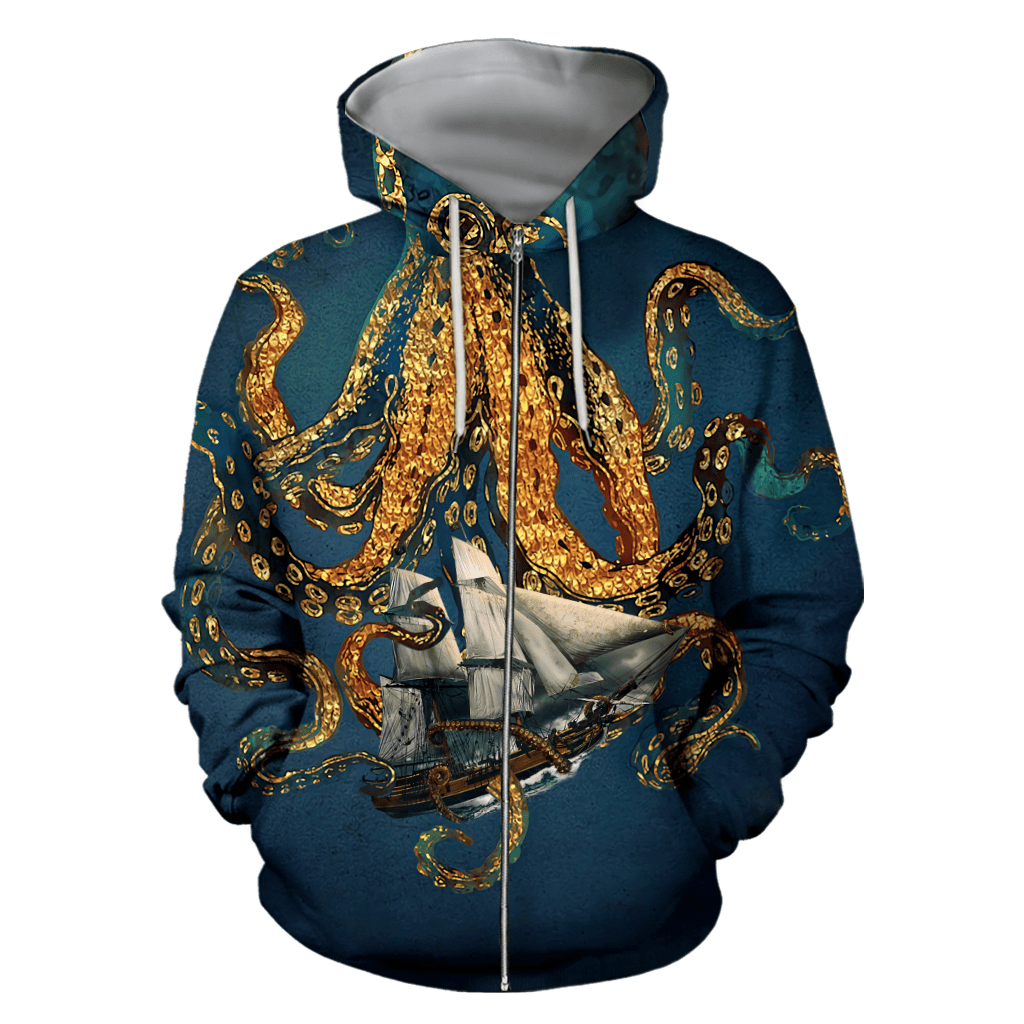 Premium Unisex Hoodie Black And White Kraken Octopus King of The Seven Seas ML