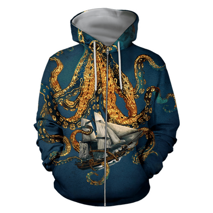 Premium Unisex Hoodie Black And White Kraken Octopus King of The Seven Seas ML