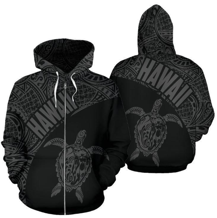 Hawaii Hoodie Turtle Mermaid Polynesian Wave - Gray Hoodie-Apparel-Phaethon-Zipped Hoodie-S-Vibe Cosy™