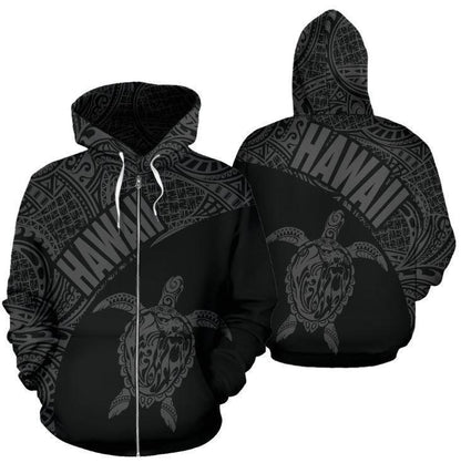 Hawaii Hoodie Turtle Mermaid Polynesian Wave - Gray Hoodie-Apparel-Phaethon-Zipped Hoodie-S-Vibe Cosy™