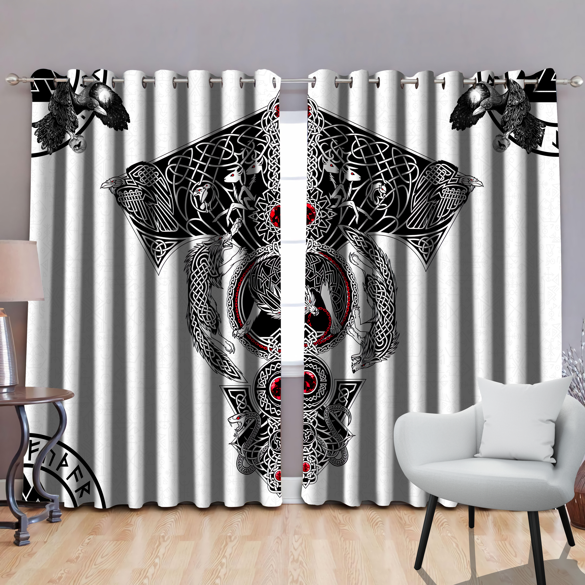Vikings - Odin's Ravens Fenrir Skoll And Hati Valknut Thermal Grommet Window Curtains-Curtains-HP Arts-52'' x 63''-Vibe Cosy™