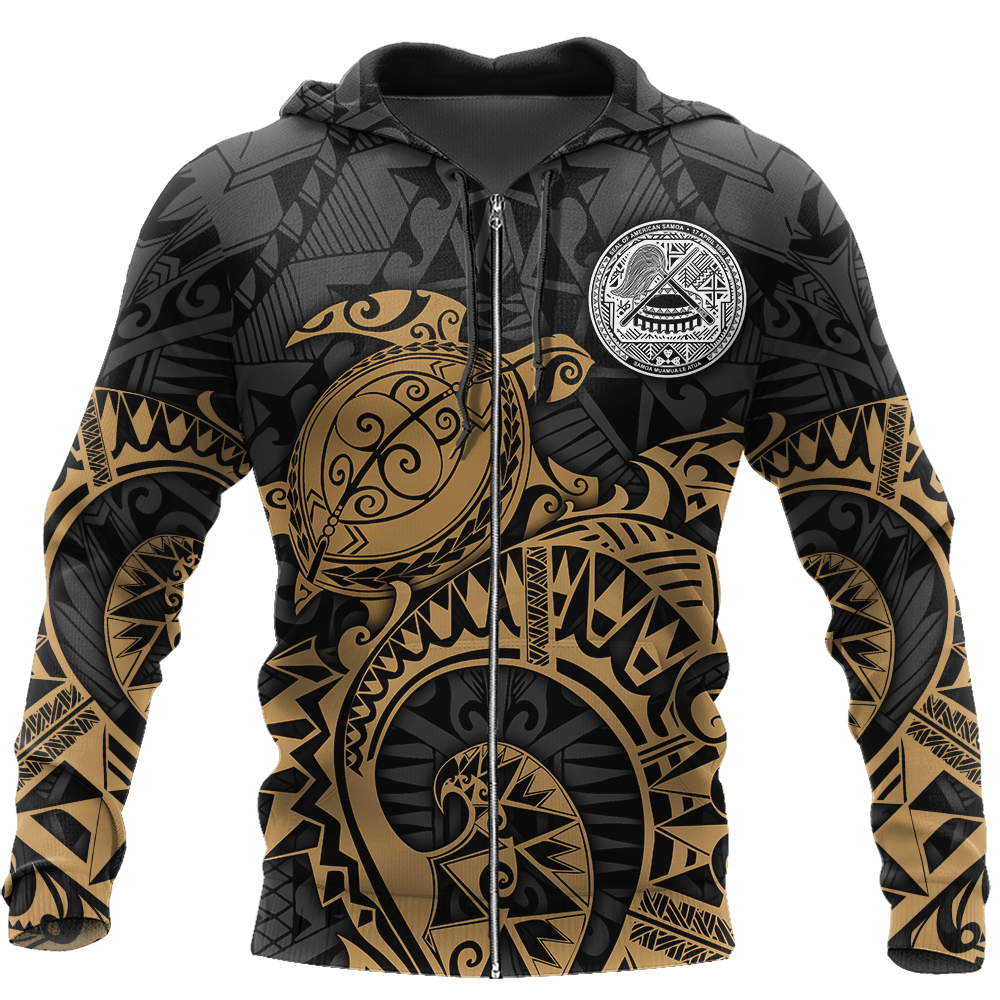 Samoa Polynesian Hoodie Gold Turtle Flowing 3d all over printed shirt and short for man and women AZ130201 PL-Apparel-PL8386-Zipped Hoodie-S-Vibe Cosy™