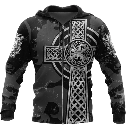Scottish St-Andrew Lion & Thristle Celtic Cross grey ver1 Hoodie AZ210205-Apparel-PL8386-Zip-up Hoodie-S-Vibe Cosy™