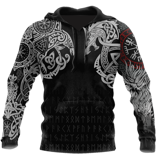 Ragnarok Warrior Tattoo Fenrir and Odin Raven 3D All Over Print Hoodie