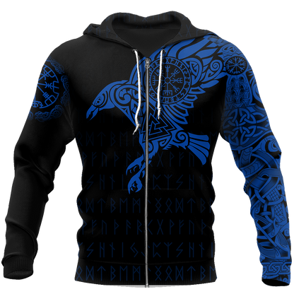 Vikings - The Raven of Odin Tattoo Blue-Apparel-HP Arts-Zipped Hoodie-S-Vibe Cosy™