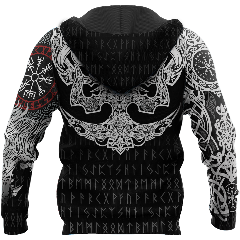 Ragnarok Warrior Tattoo Fenrir and Odin Raven 3D All Over Print Hoodie