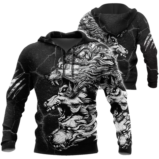 Three Gray Wolfs Tattoo 3D Over Printed Unisex Shirts