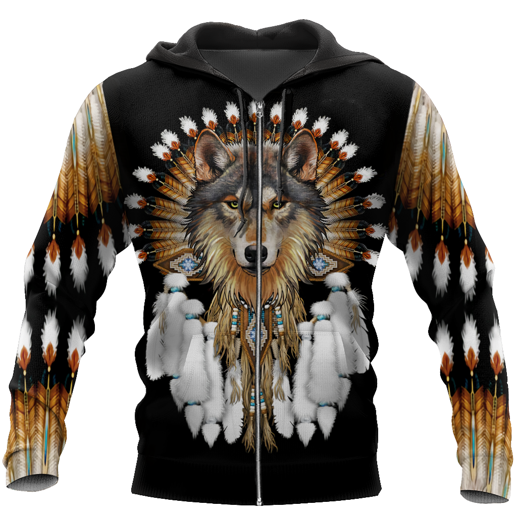 Native American Wolf Hoodie T Shirt For Men and Women HAC210405-Apparel-NM-Zipped Hoodie-S-Vibe Cosy™