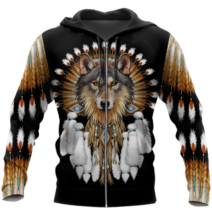Native American Wolf Hoodie T Shirt For Men and Women HAC210405-Apparel-NM-Zipped Hoodie-S-Vibe Cosy™