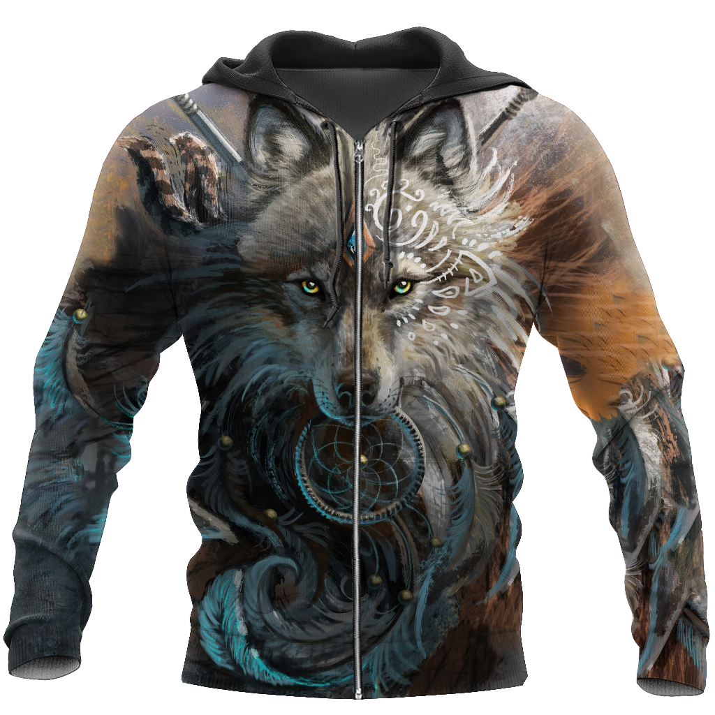 Native American Wolf Hoodie T Shirt For Men and Women HAC220401-Apparel-NM-Zipped Hoodie-S-Vibe Cosy™