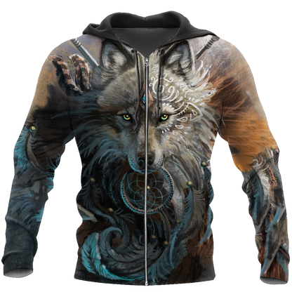 Native American Wolf Hoodie T Shirt For Men and Women HAC220401-Apparel-NM-Zipped Hoodie-S-Vibe Cosy™