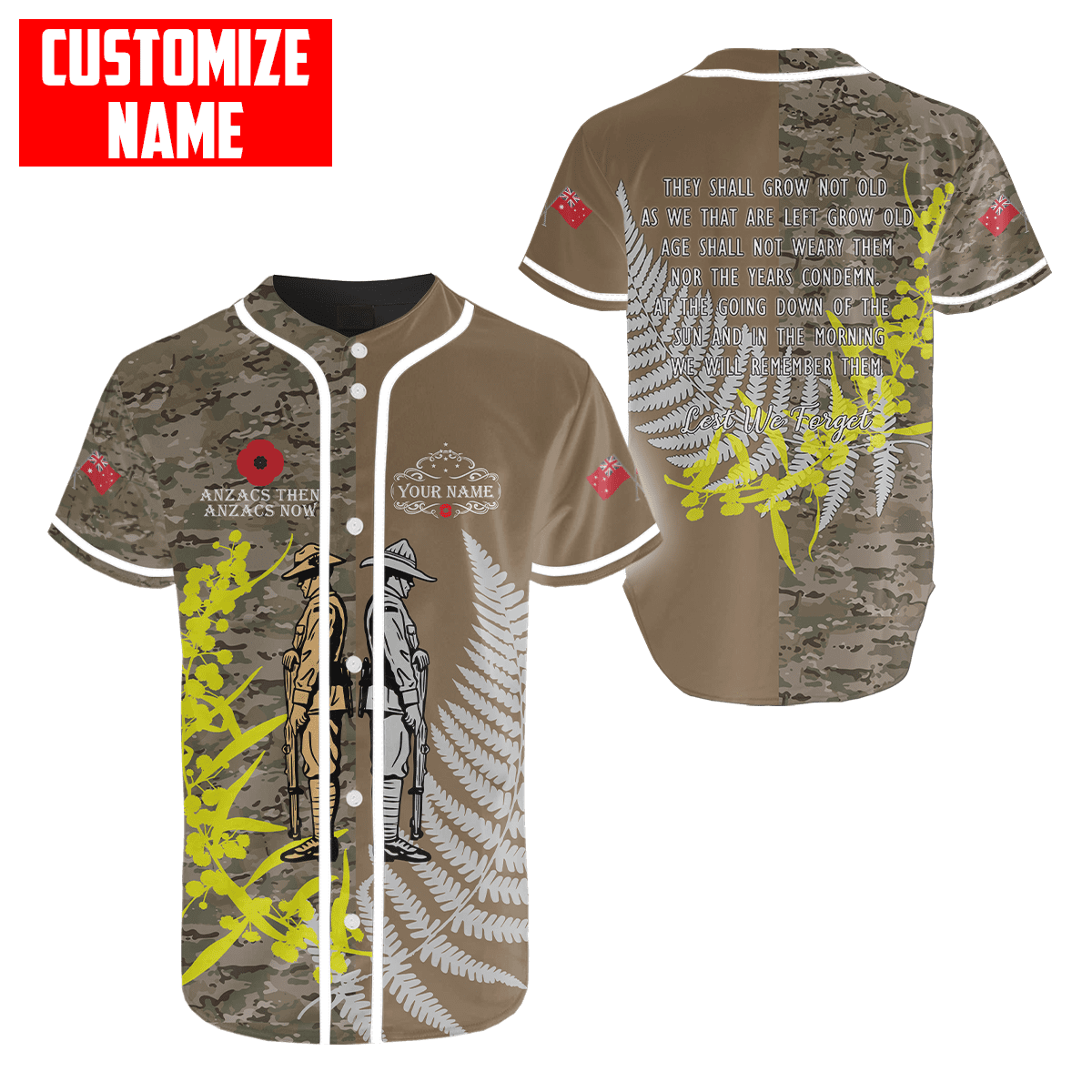 Custom name Anzac day The ode remembrance Soldier 3D printed shirts