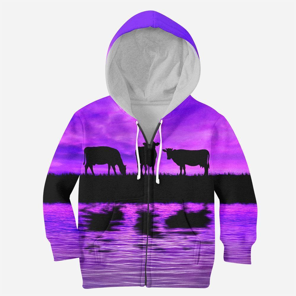 Sunset and Cow Violet Kids All Over-Apparel-HD09-ZIPPED HOODIE-TODDLER 2T-Vibe Cosy™