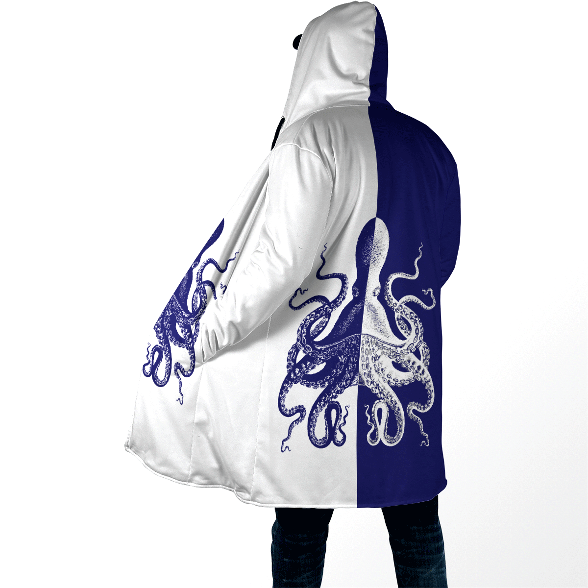 Premium Unisex Hoodie Blue And White Kraken Octopus King of The Seven Seas ML