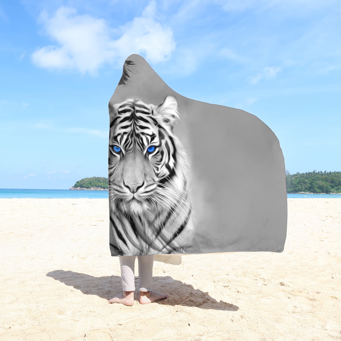 White Tiger 3D All Over Hooded Blanket DQB08172003