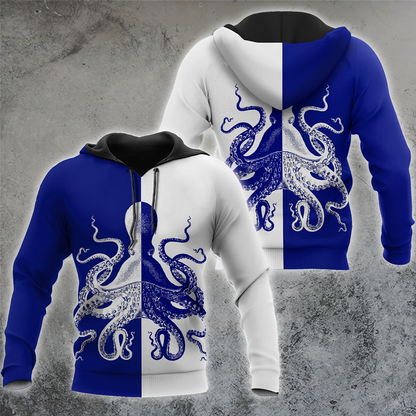 Premium Unisex Hoodie Blue And White Kraken Octopus King of The Seven Seas ML