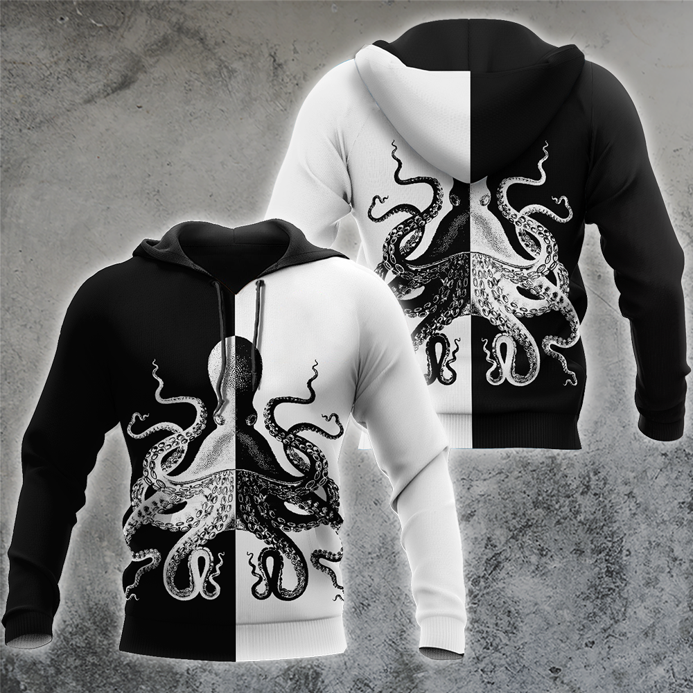 Premium Unisex Hoodie Black And White Kraken Octopus King of The Seven Seas ML
