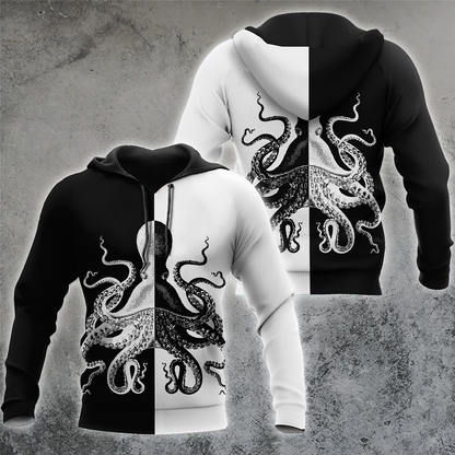 Premium Unisex Hoodie Black And White Kraken Octopus King of The Seven Seas ML