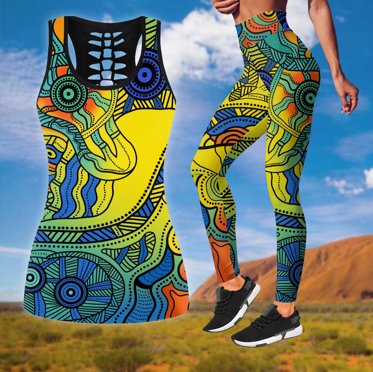 Aboriginal Indigenous Dot Painting Art Legging + Hollow Tank Combo