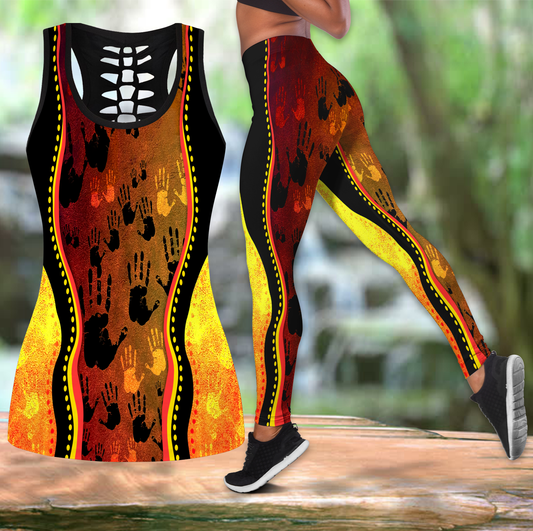 Aboriginal Rock Painting Hand Art Golden Style Legging + Hollow Tank Combo