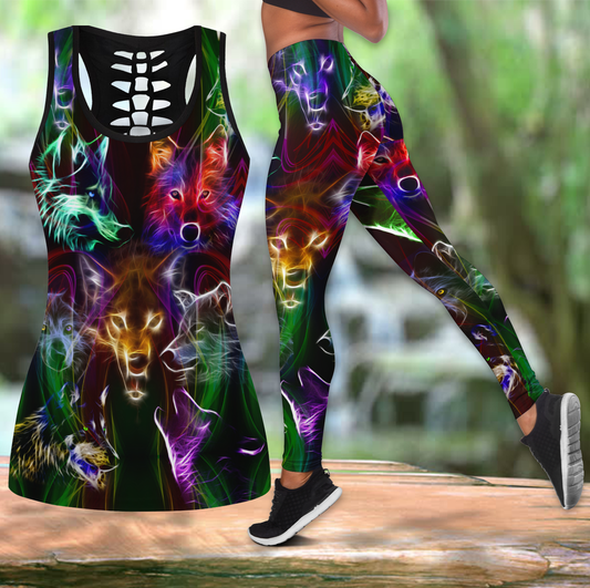 Colorful wolf combo tattoos legging + hollow tank combo JJW15092001