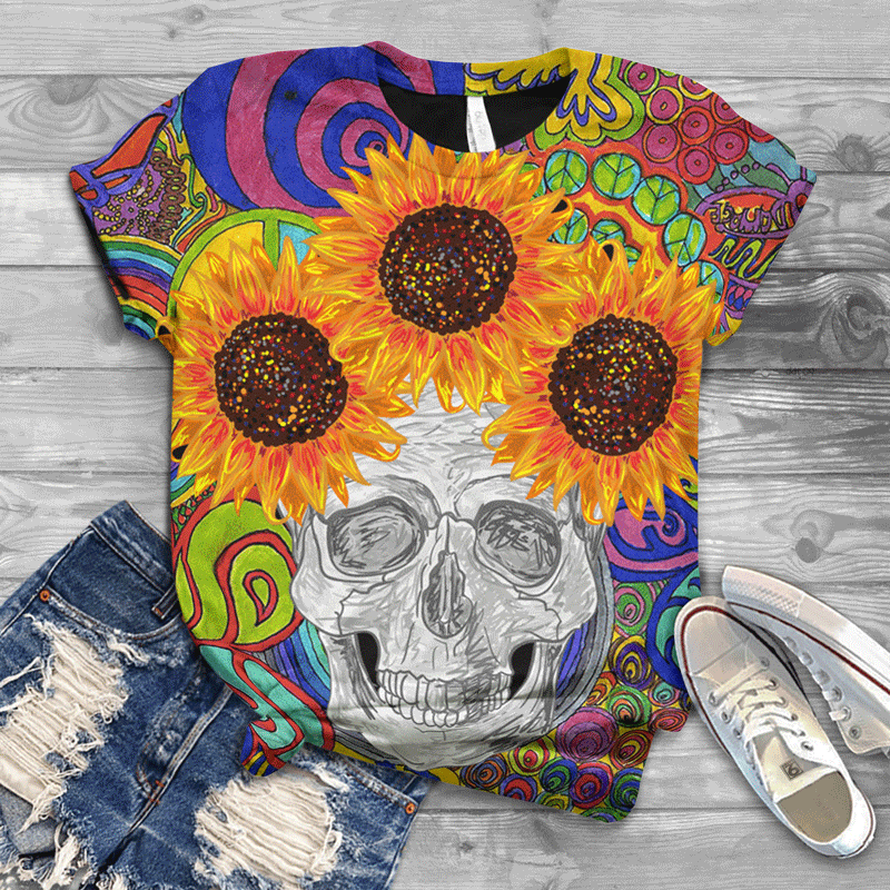 Hippie Skull Sunflower NNK 220-Apparel-NNK-T-Shirt-S-Vibe Cosy™