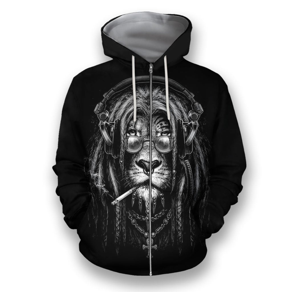3D All Over Print Black & White Lion Smoking-Apparel-NTT-Zipped Hoodie-S-Vibe Cosy™