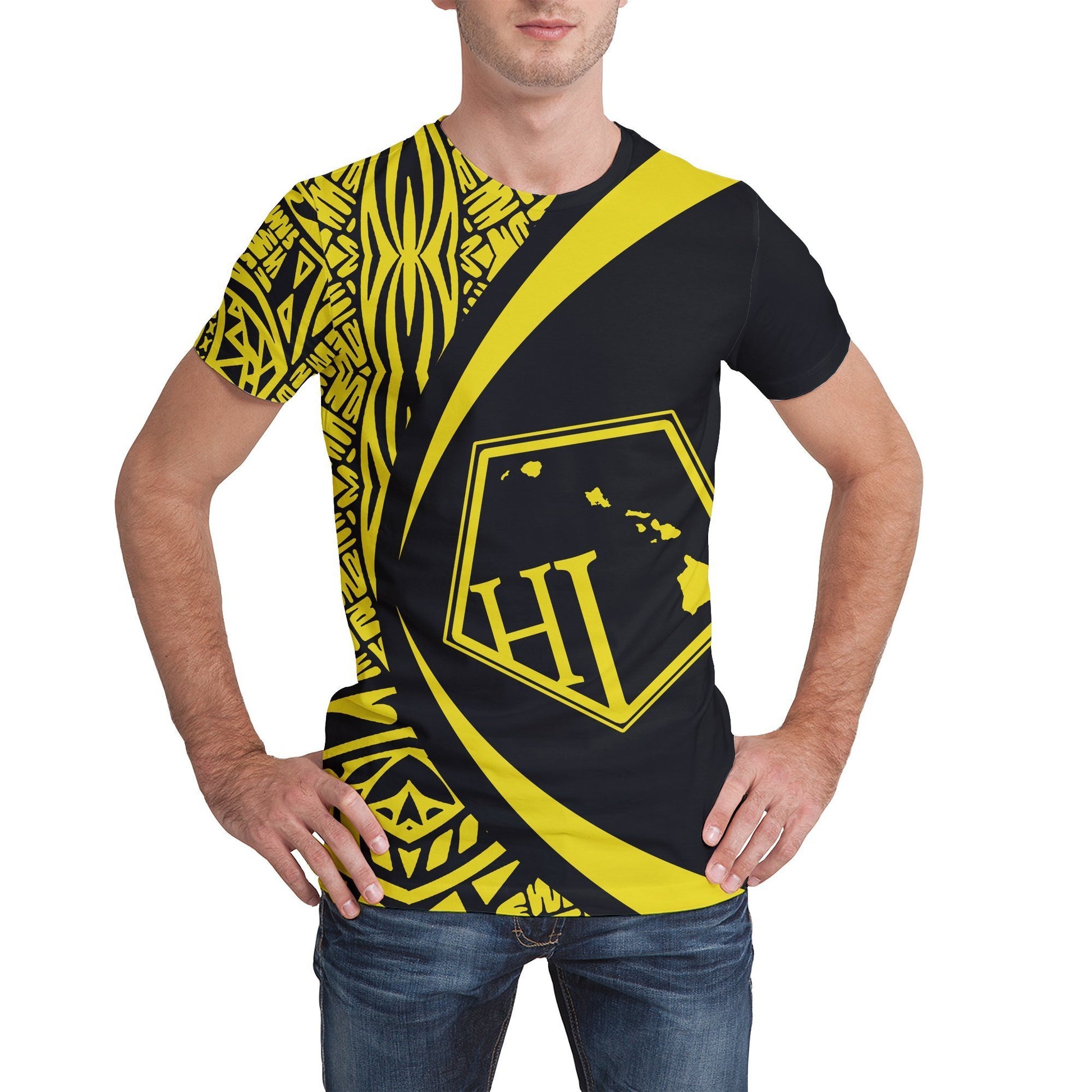 Hawaii Polynesian T-shirt - Circle Style Yellow - AH - J1-NEW ALL OVER PRINT T-SHIRTS-e-joyer-XS-Men-White-Vibe Cosy™