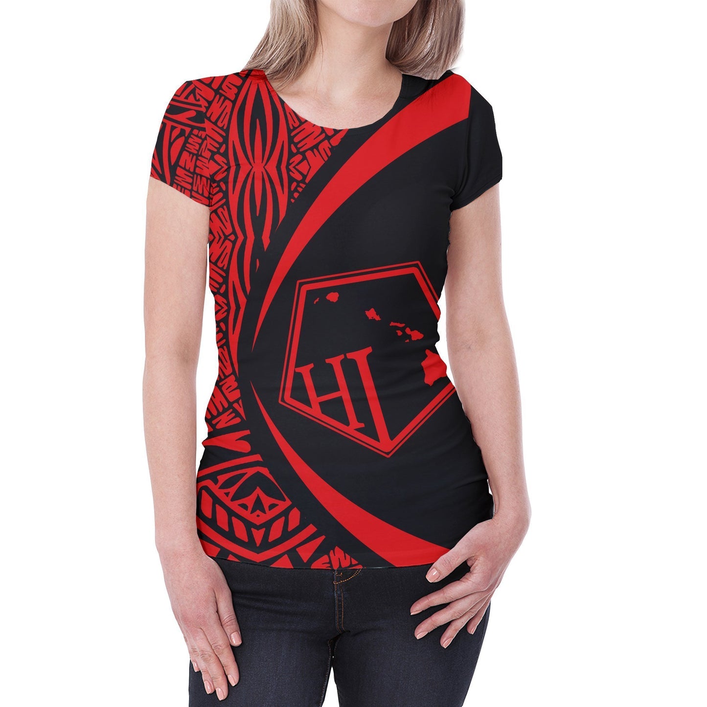 Hawaii Polynesian T-shirt - Circle Style Red - AH - J1-NEW ALL OVER PRINT T-SHIRTS-e-joyer-XS-Women-White-Vibe Cosy™