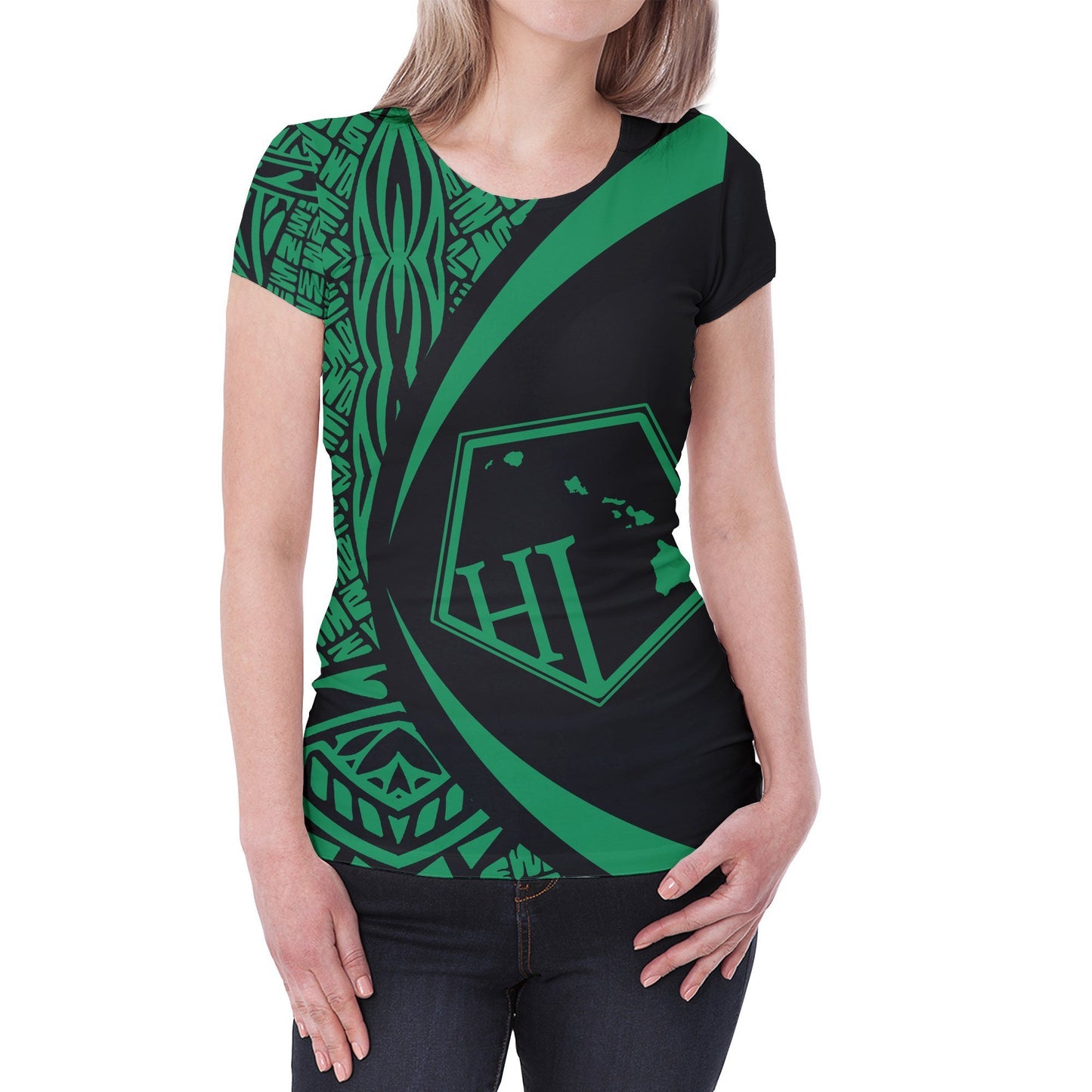 Hawaii Polynesian T-shirt - Circle Style Green - AH - J1-NEW ALL OVER PRINT T-SHIRTS-e-joyer-XS-Women-White-Vibe Cosy™