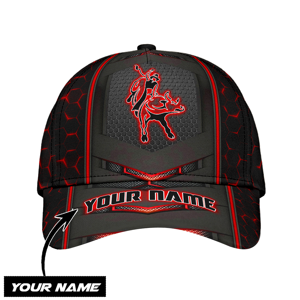 Personalized Name Bull Riding Classic Cap Red Neon