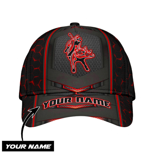 Personalized Name Bull Riding Classic Cap Red Neon