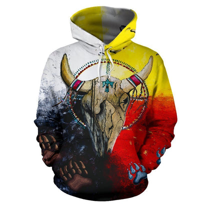 Native America Bison Skull Pullover Hoodie PL114-Apparel-PL8386-Hoodie-S-Vibe Cosy™
