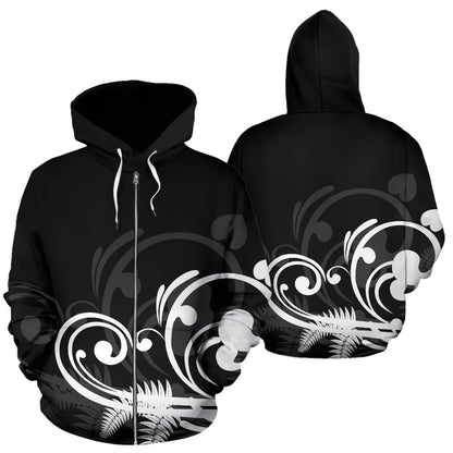 Silver Fern New Zealand Hoodie - Black PL183-Apparel-PL8386-Zipped Hoodie-S-Vibe Cosy™